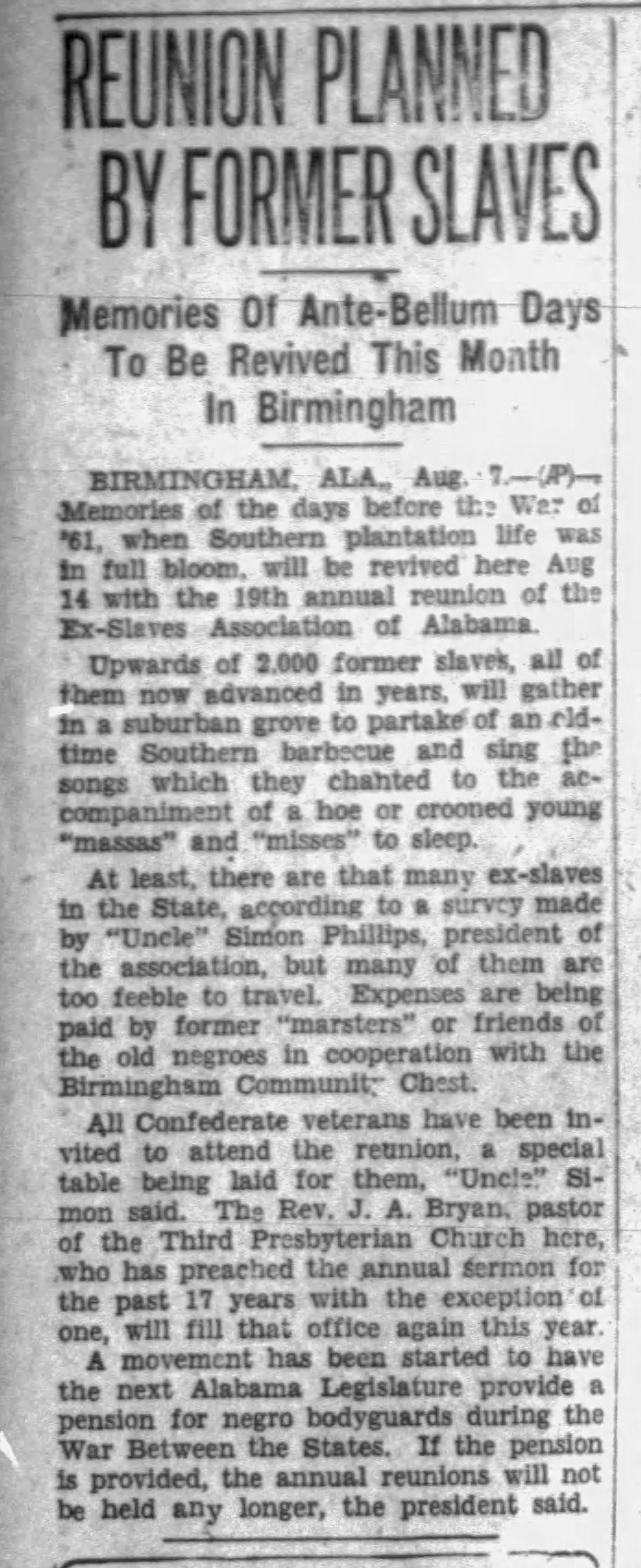 Reunion Planned By Former Slaves